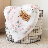 Highland Cow Floral Personalized Baby Blanket - gender_girl, Highland Cow Floral, Personalized_Yes