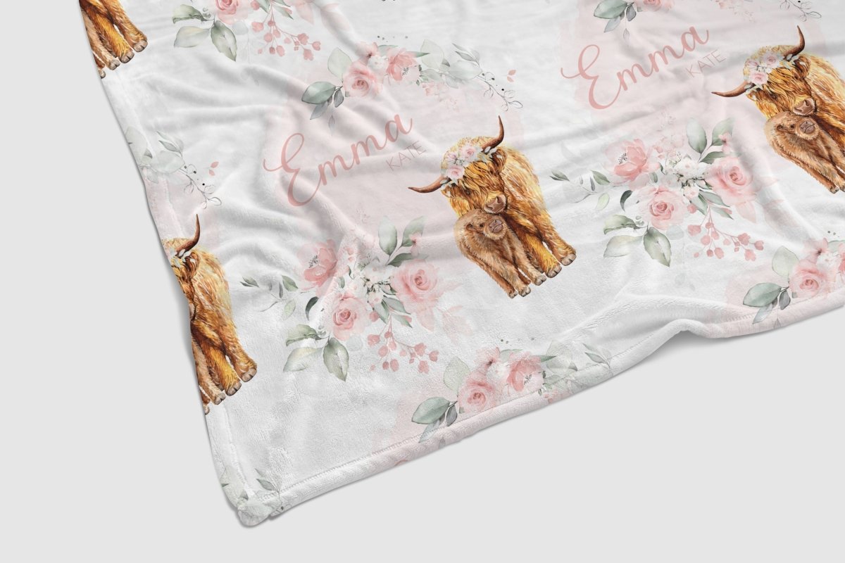 Highland Cow Floral Personalized Baby Blanket - gender_girl, Highland Cow Floral, Personalized_Yes