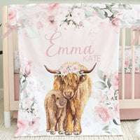 Highland Cow Floral Personalized Minky Blanket - gender_girl, Highland Cow Floral, Personalized_Yes