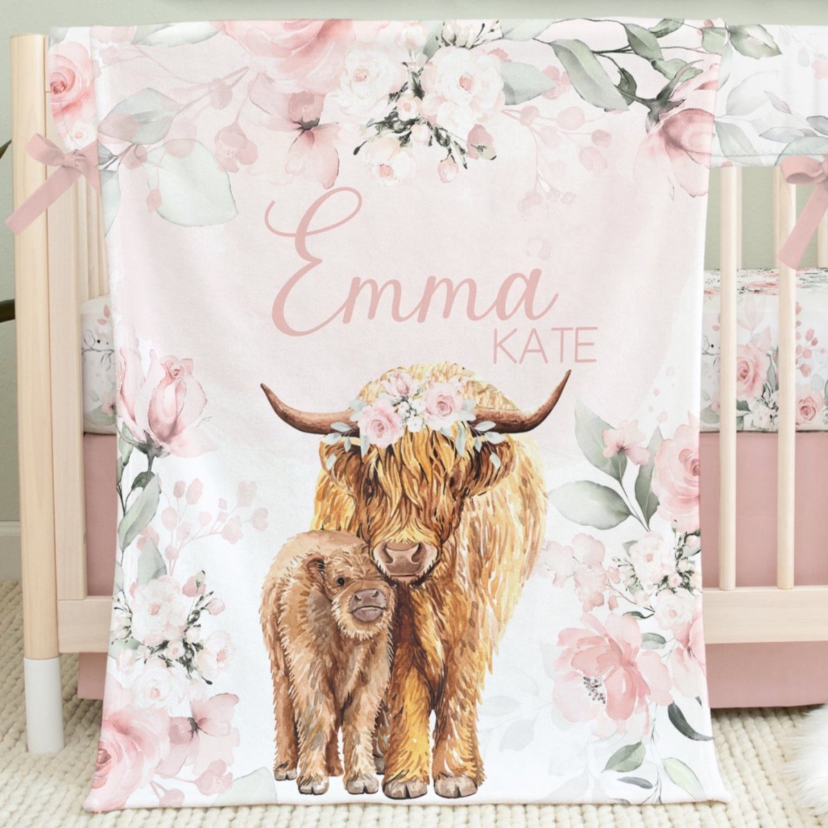 Highland Cow Floral Personalized Minky Blanket - gender_girl, Highland Cow Floral, Personalized_Yes