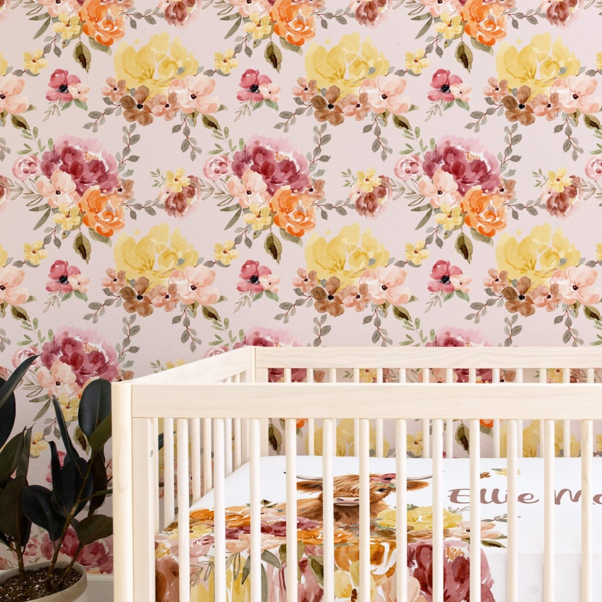 Highland Cow Wildflower Peel & Stick Wallpaper - gender_girl, Highland Cow Wildflower, Theme_Boho