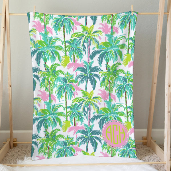 Southern Preppy Palms Monogrammed Minky Blanket - gender_girl, Personalized_Yes, Southern Preppy