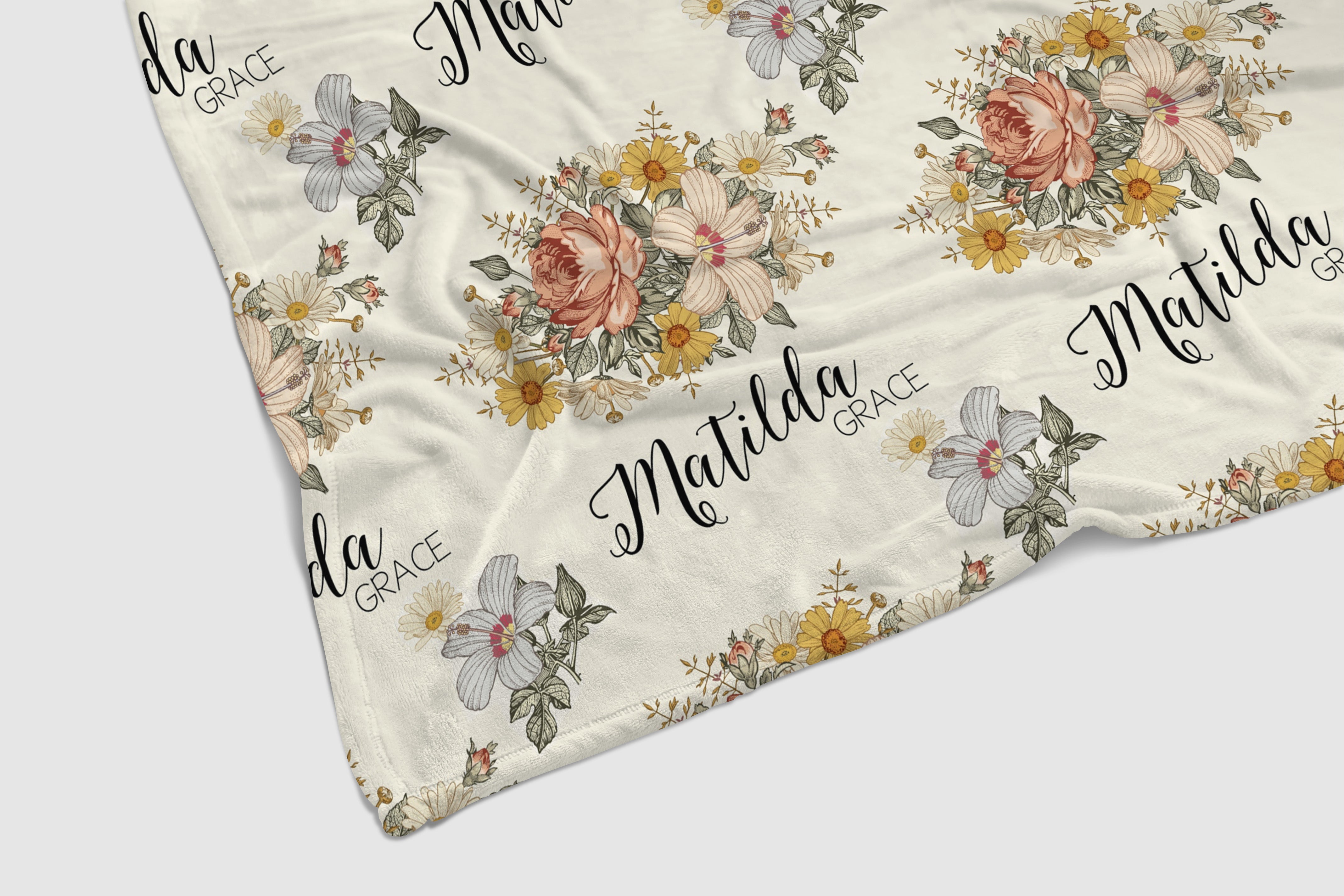 Vintage Earthy Floral Personalized Baby Blanket - gender_girl, Personalized_Yes, Pink and Navy Petals