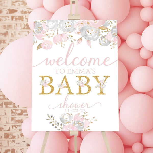 Blush Gold Floral Baby Shower Welcome Sign - Blush Gold Floral, gender_girl, text