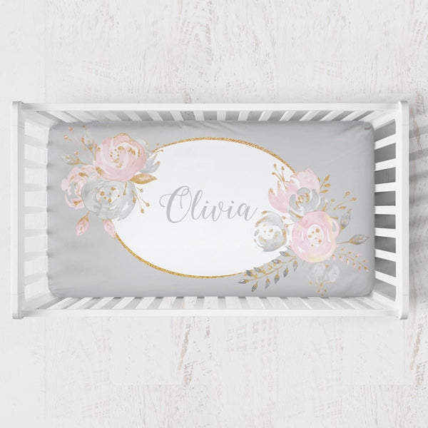 Blush Gold Floral Personalized Gray Crib Sheet - gender_girl, Personalized_Yes, text