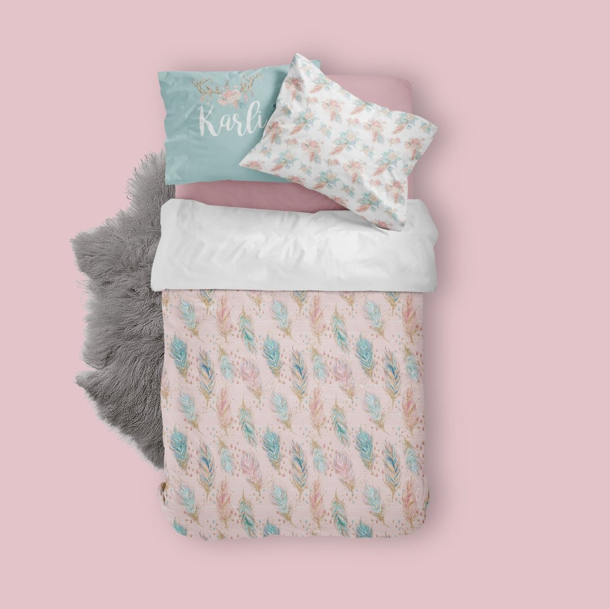 Boho Feather Kids Bedding Set (Comforter or Duvet Cover) - text, ,