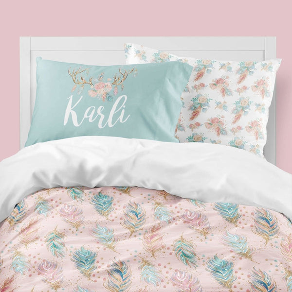Boho Feather Kids Bedding Set (Comforter or Duvet Cover) - text, ,