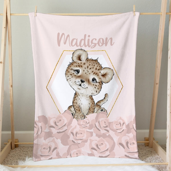 Cheetah Floral Personalized Minky Blanket - Cheetah Floral, gender_girl, Personalized_Yes