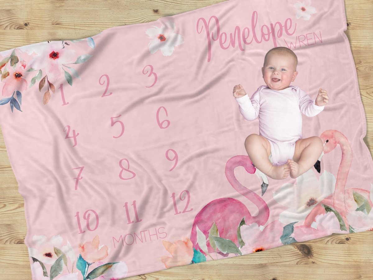 Flamingo Floral Milestone Minky Blanket - Flamingo Floral, gender_girl, text