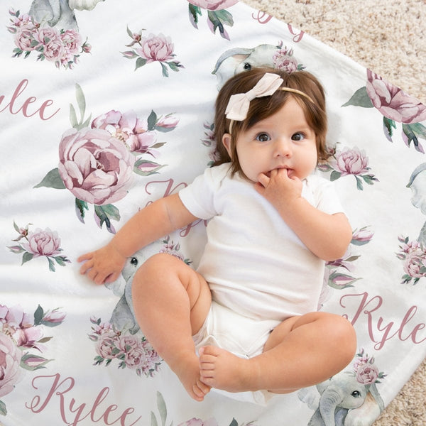Floral Elephant Personalized Baby Blanket - Floral Elephant, gender_girl, Personalized_Yes