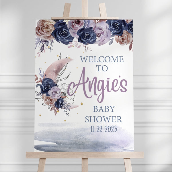 Floral Moon Baby Shower Welcome Sign - Floral Moon, gender_girl, text