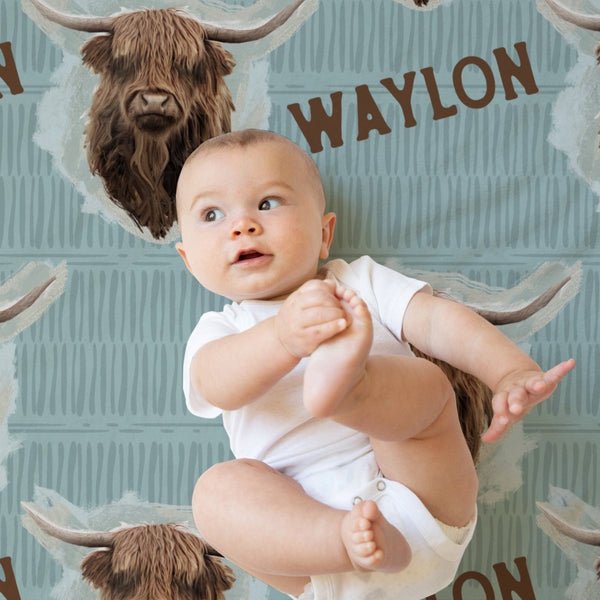 Highland Cow Boy Baby Blanket - gender_boy, Highland Cow Boy, Personalized_Yes