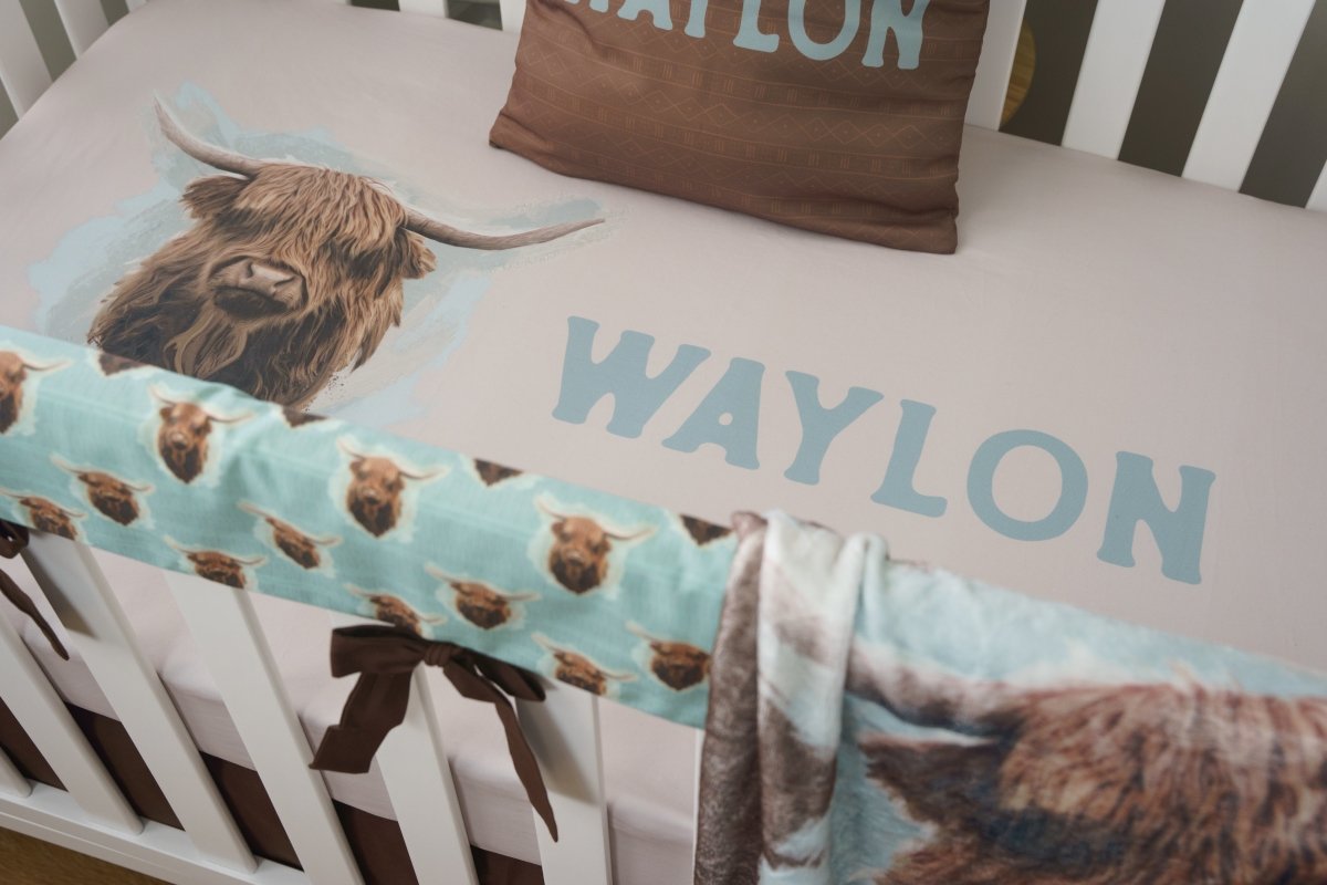 Highland Cow Boy Personalized Crib Sheet - gender_boy, Personalized_Yes, text