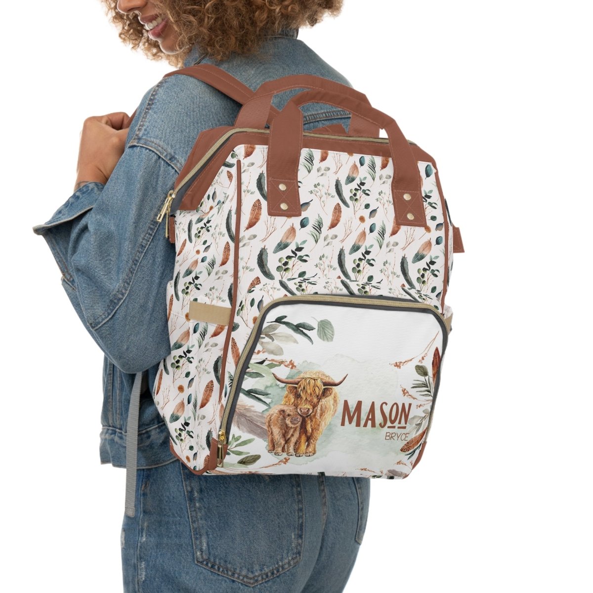 Highland Cow Feathers Personalized Backpack Diaper Bag - gender_boy, Highland Cow Feathers, text