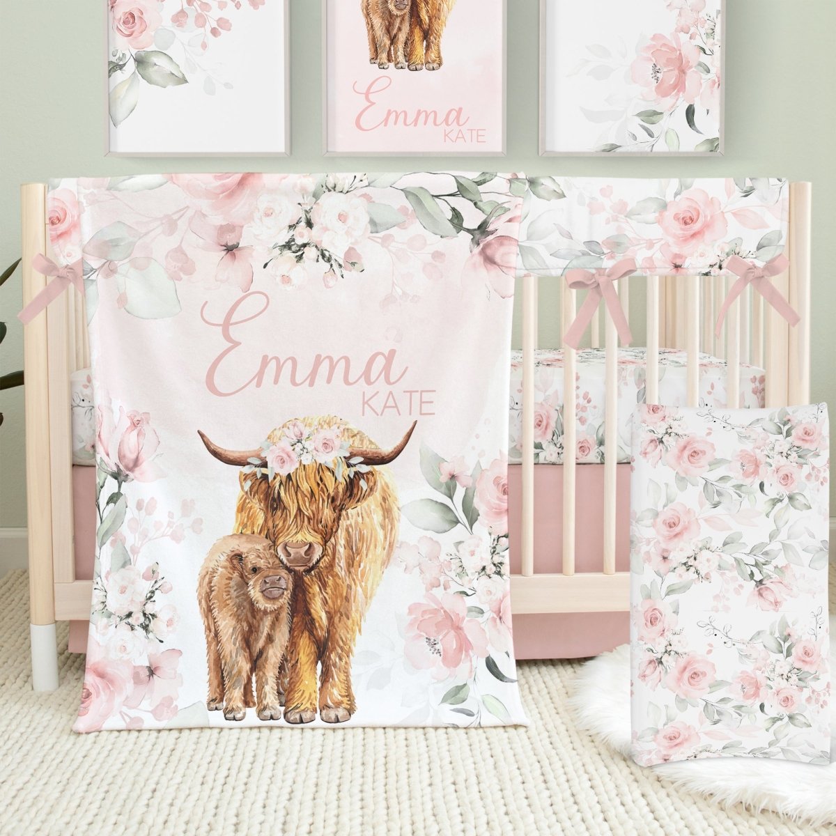 Highland Cow Floral Personalized Minky Blanket - gender_girl, Highland Cow Floral, Personalized_Yes