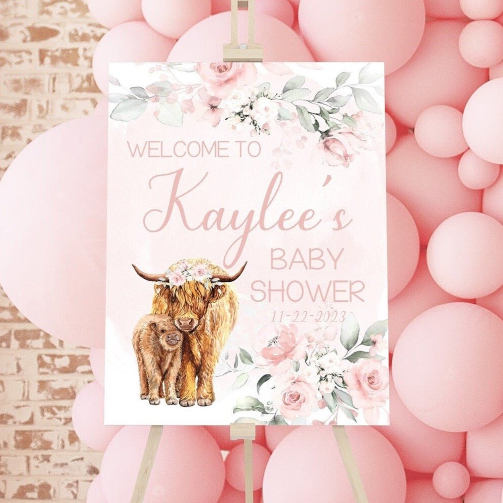 Highland Cow Floral Shower Welcome Sign - gender_girl, Highland Cow Floral, text