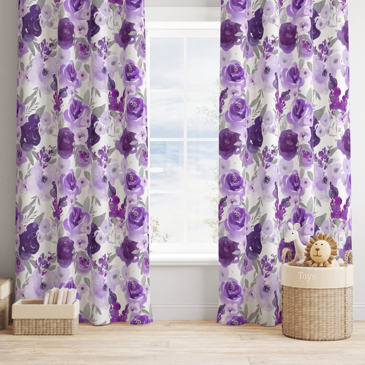 Large Purple Floral Curtain Panel - gender_girl, Purple Floral Elephant, Theme_Floral