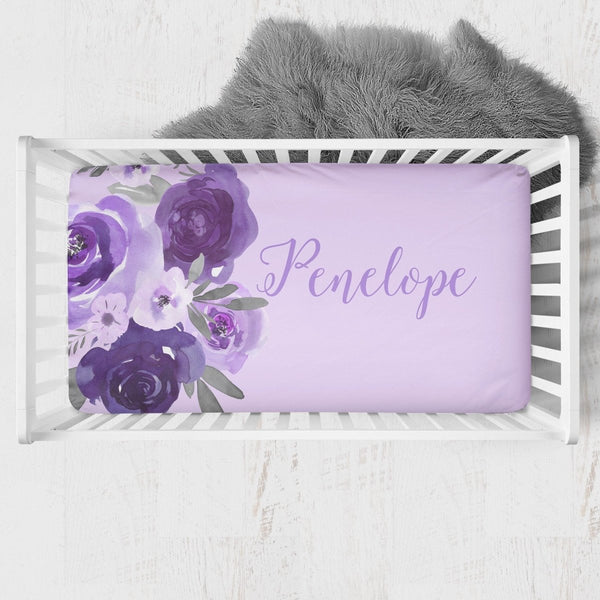 Large Purple Floral Personalized Crib Sheet - gender_girl, Personalized_Yes, text