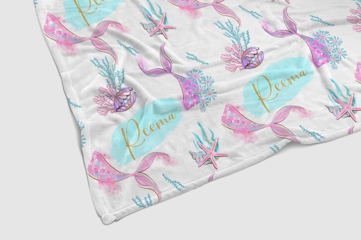Mermaid Seashells Personalized Baby Blanket - gender_girl, Mermaid Seashells, Personalized_Yes