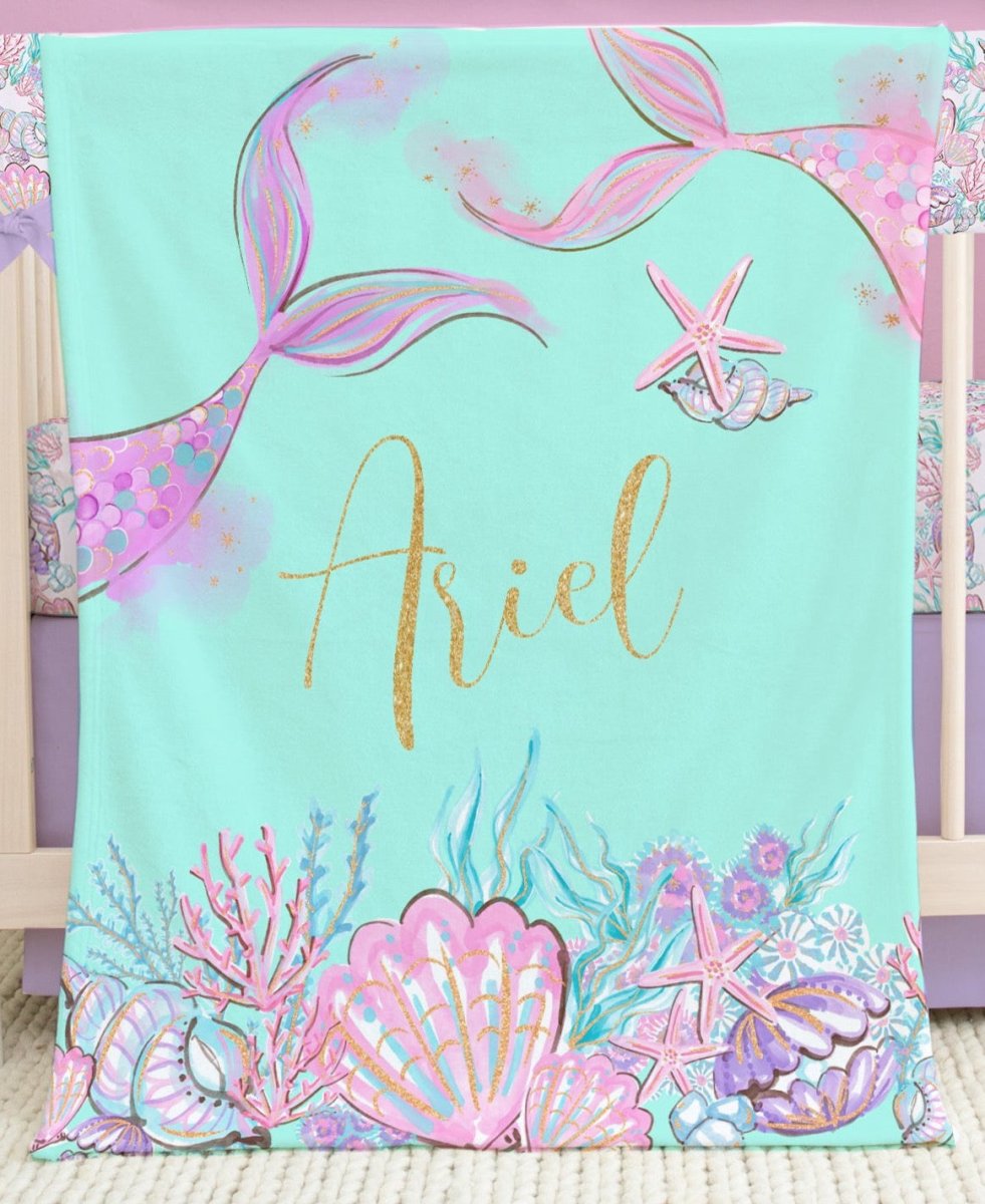 Mermaid Seashells Ruffled Crib Bedding - gender_girl, Mermaid Seashells, text