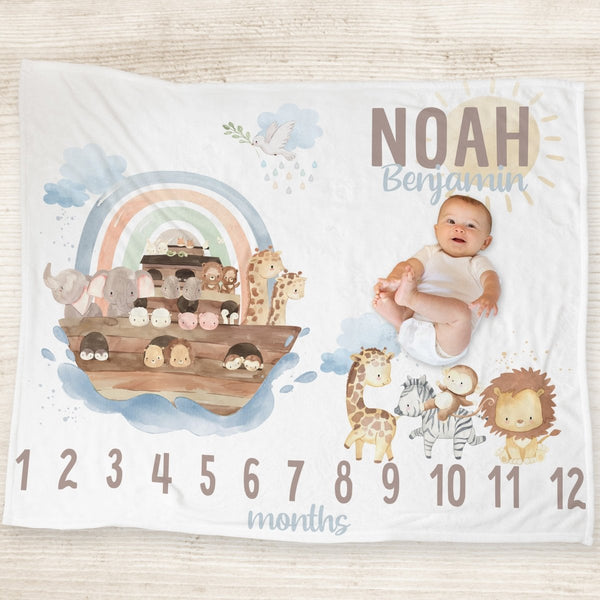 Noah's Ark Milestone Minky Blanket - gender_boy, Noah's Ark, text