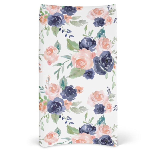 Peach & Navy Floral Changing Pad Cover - gender_girl, Peach & Navy Floral, Theme_Floral