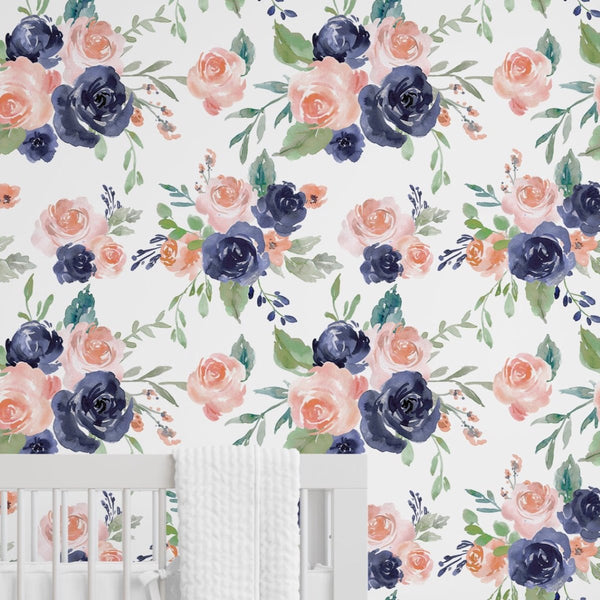 Peach & Navy Floral Peel & Stick Wallpaper - gender_girl, Peach & Navy Floral, Theme_Floral