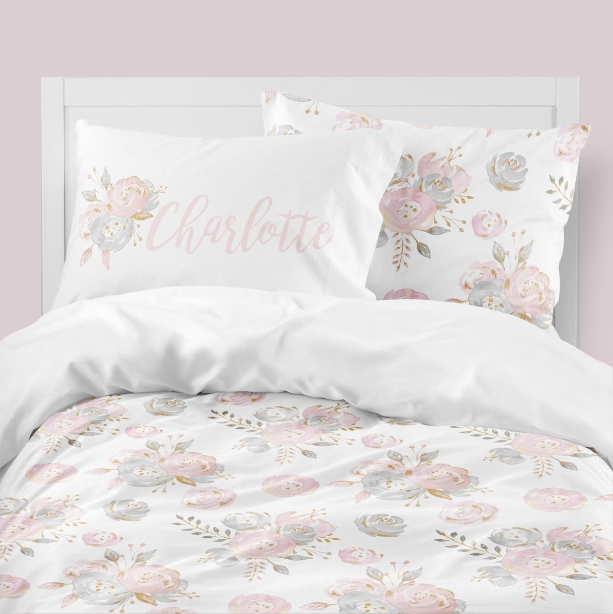 Blush Gold Floral Kids Bedding Set (Comforter or Duvet Cover) - Blush Gold Floral, gender_girl, text