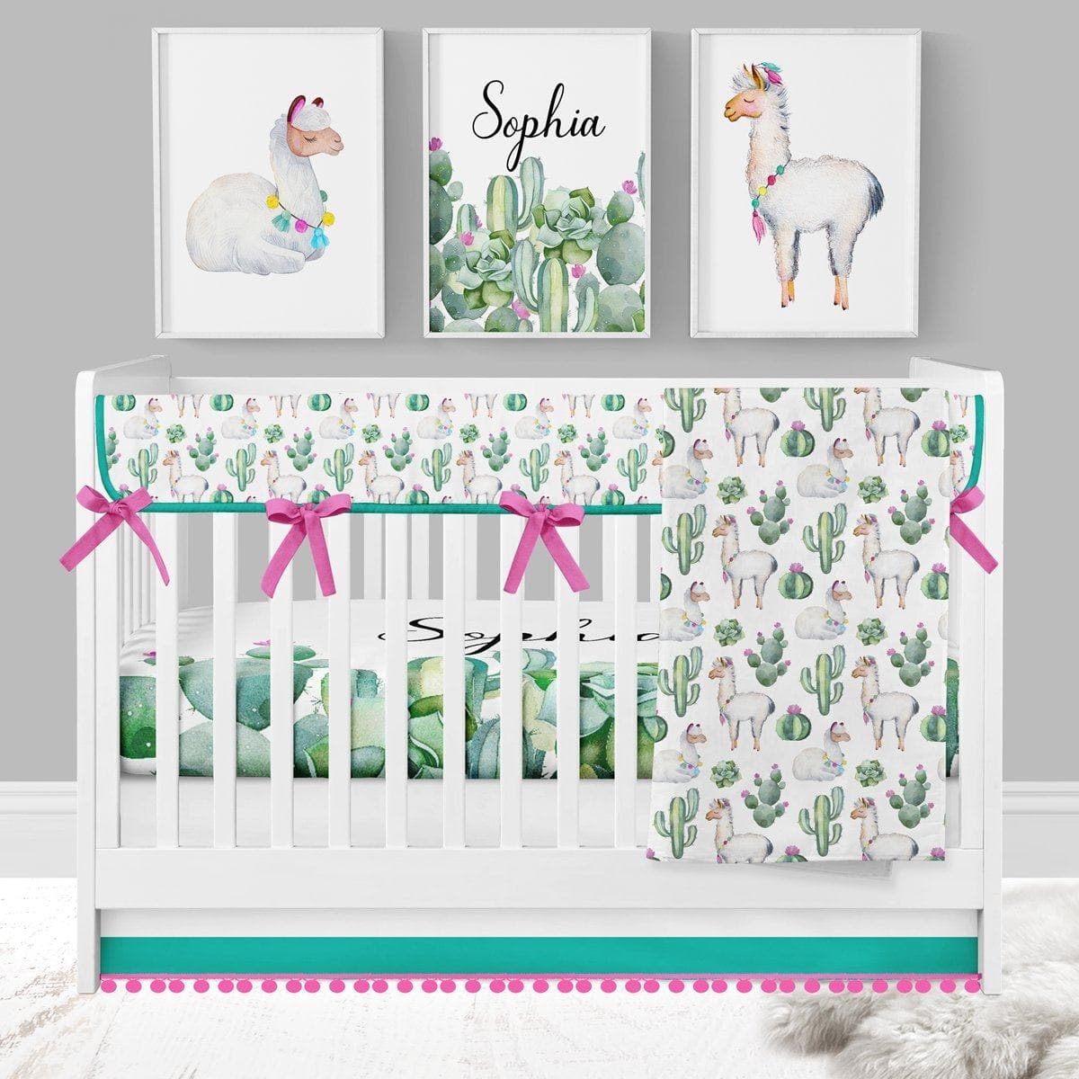 Llama Love Personalized Cactus Crib Sheet - gender_girl, Personalized_Yes, text