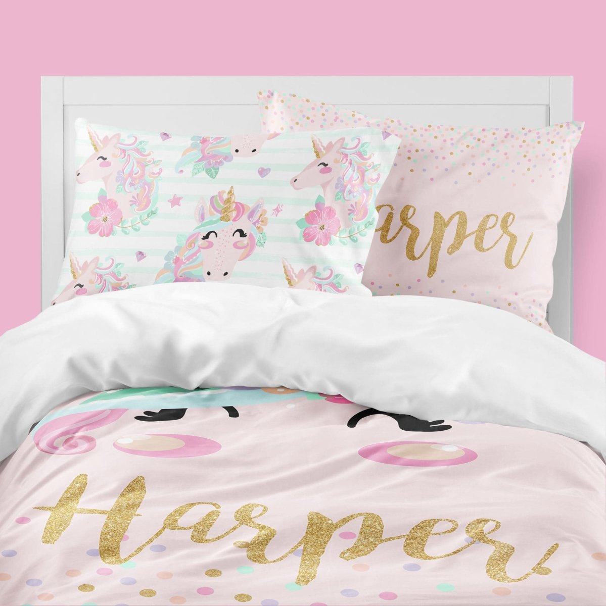 Personalized Pink Unicorn Kids Bedding Set (Comforter or Duvet Cover) - text, Unicorn Dreams,