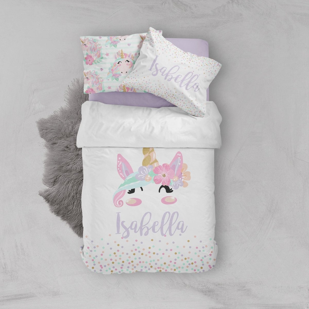 Personalized Unicorn Kids Bedding Set (Comforter or Duvet Cover) - text, Unicorn Dreams,