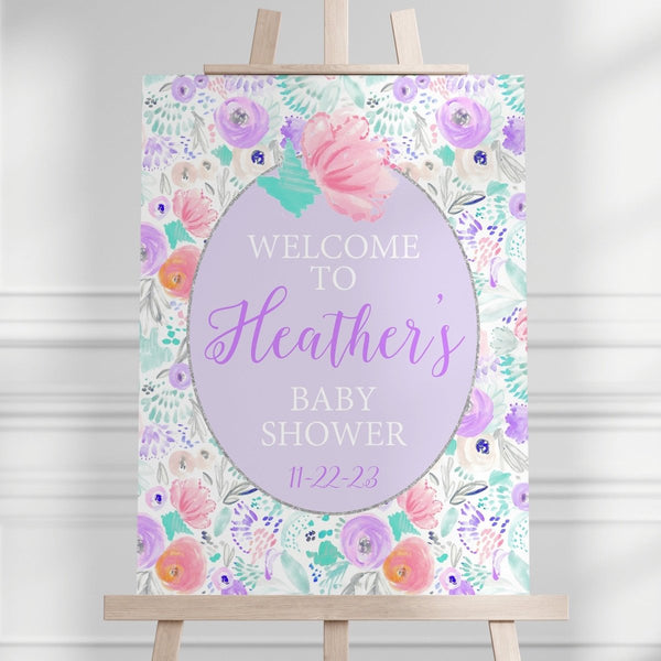 Purple Blooms Baby Shower Welcome Sign - gender_girl, Purple Blooms, text
