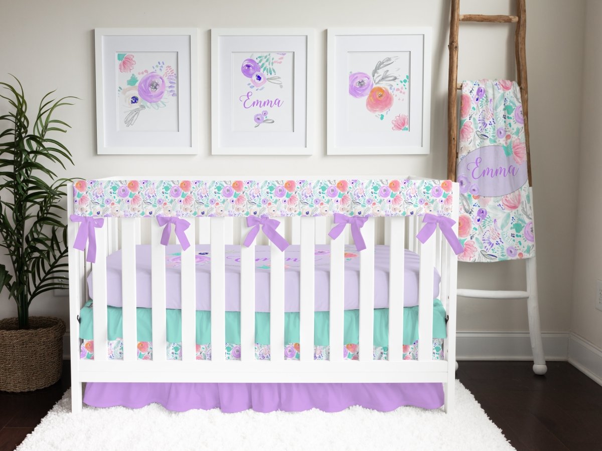 Purple Blooms Ruffled Crib Bedding - Butterfly Floral, gender_girl, text