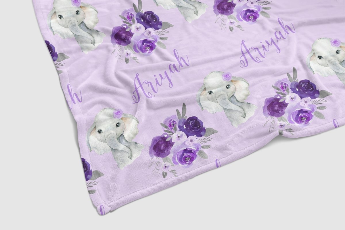 Purple Floral Elephant Personalized Baby Blanket - gender_girl, Personalized_Yes, Purple Floral Elephant