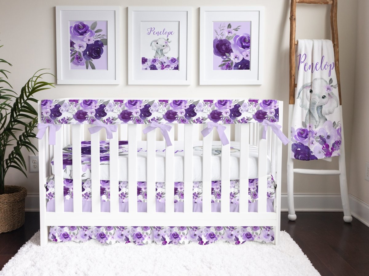 Purple Floral Elephant Personalized Ruffled Crib Bedding - gender_girl, Purple Floral Elephant, text