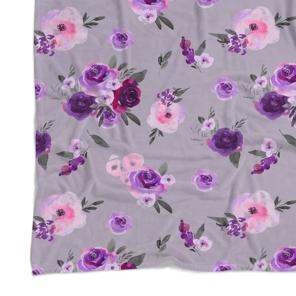 Purple Floral on Gray Minky Blanket - gender_girl, Personalized_No, Purple Floral