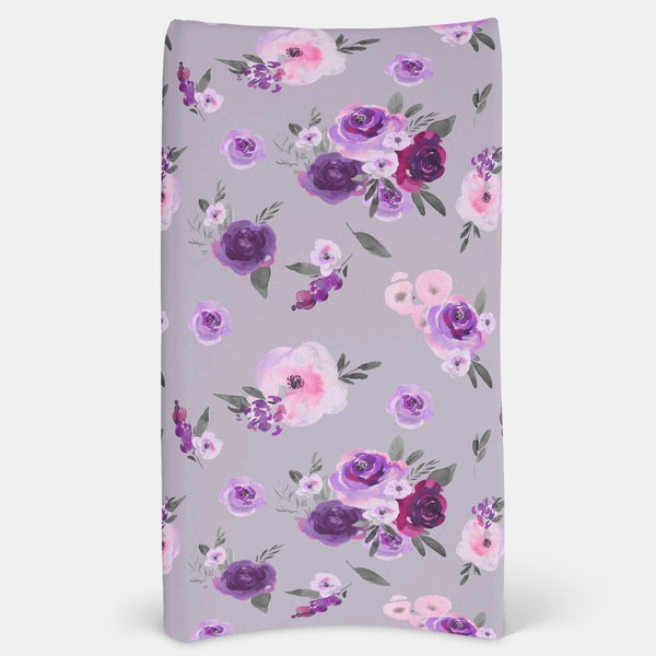 Purple Floral on Gray Changing Pad Cover - gender_girl, Purple Floral, Theme_Floral