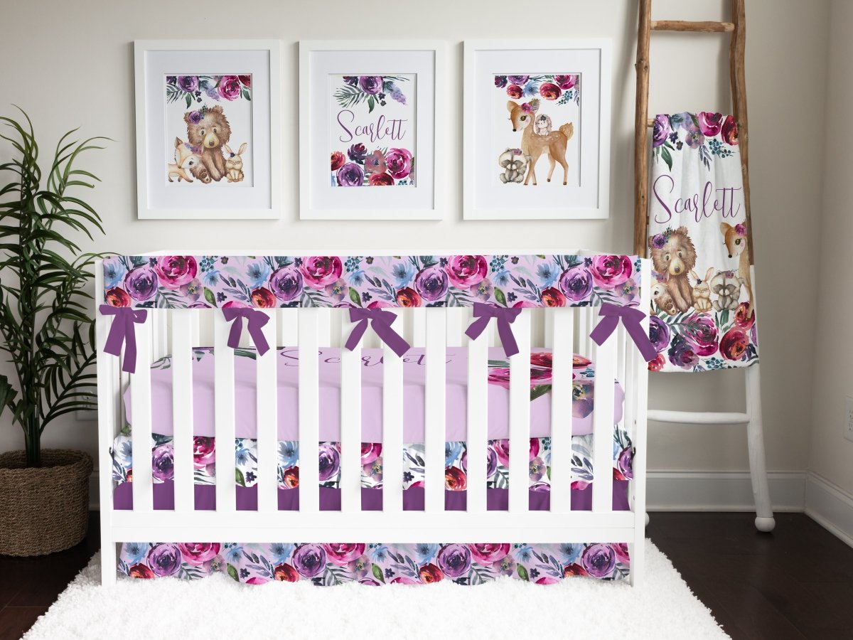 Sweet Woodlands Purple Ruffled Crib Bedding - gender_girl, Sweet Woodlands, text