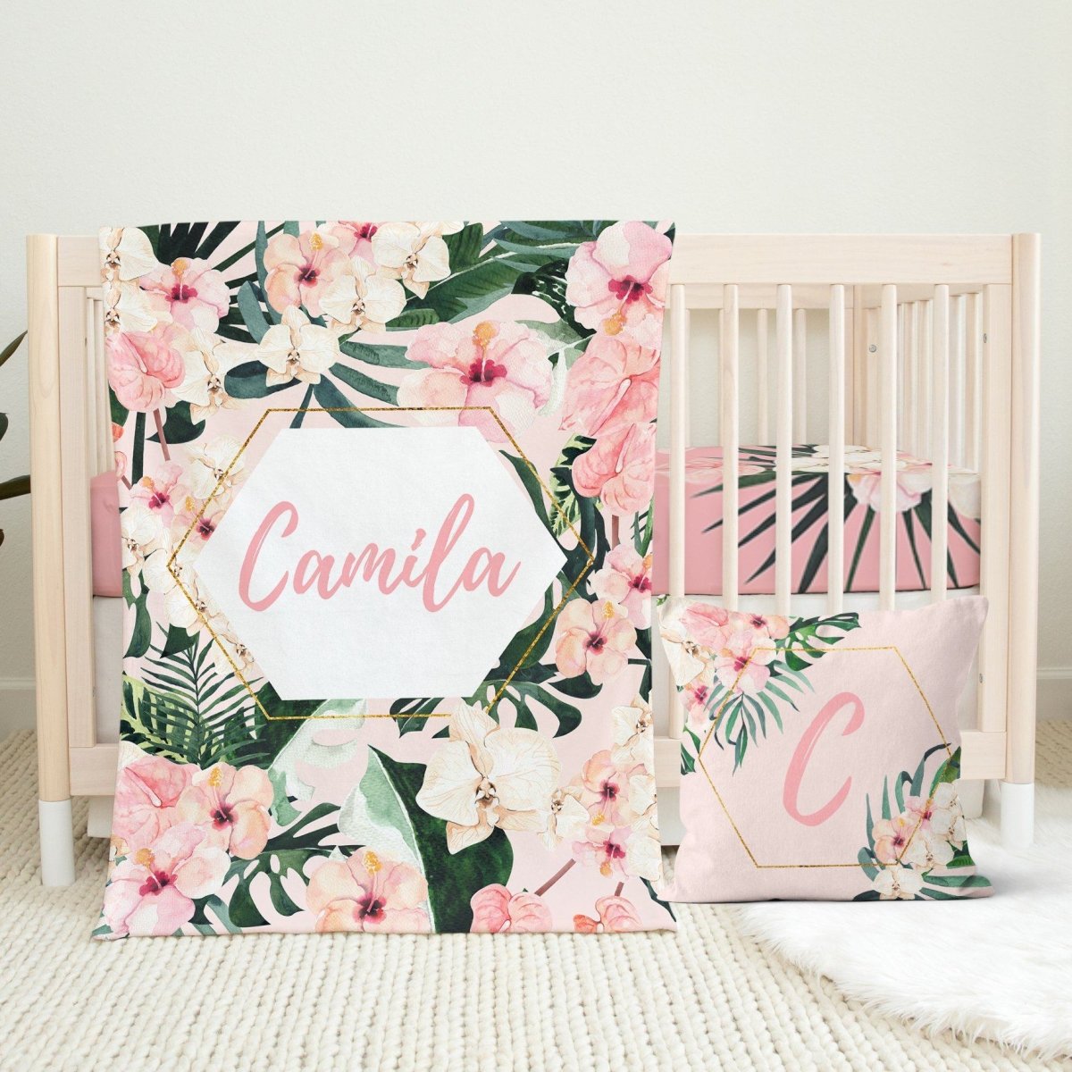 Tropical Floral Personalized Crib Sheet - gender_girl, Personalized_Yes, text