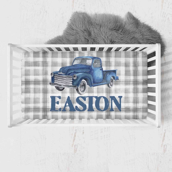Truck Plaid Personalized Crib Sheet - gender_boy, Personalized_Yes, text