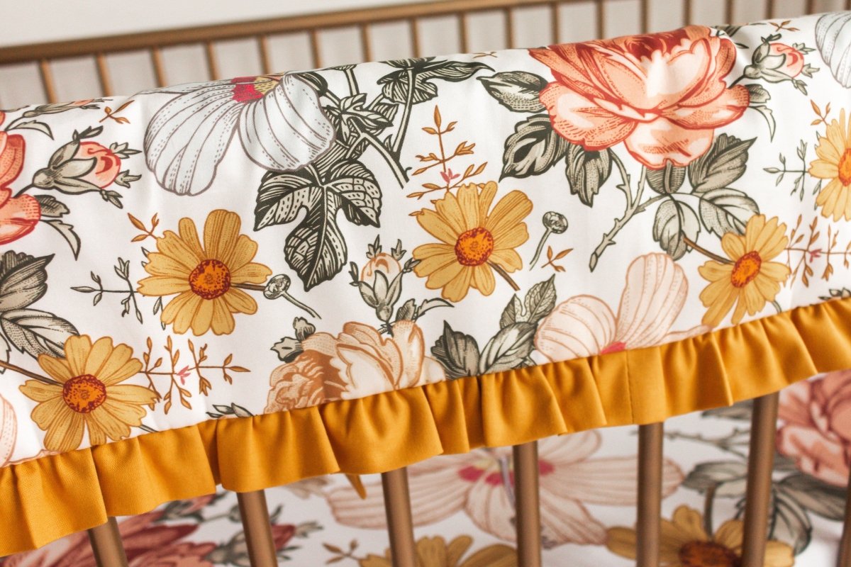 Vintage Earthy Floral Golden Ruffled Crib Bedding - gender_girl, Theme_Floral, Vintage Earthy Floral