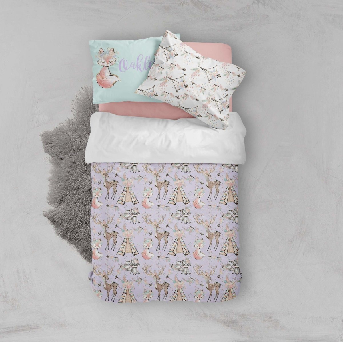 Woodland Boho Kids Bedding Set (Comforter or Duvet Cover) - text, ,
