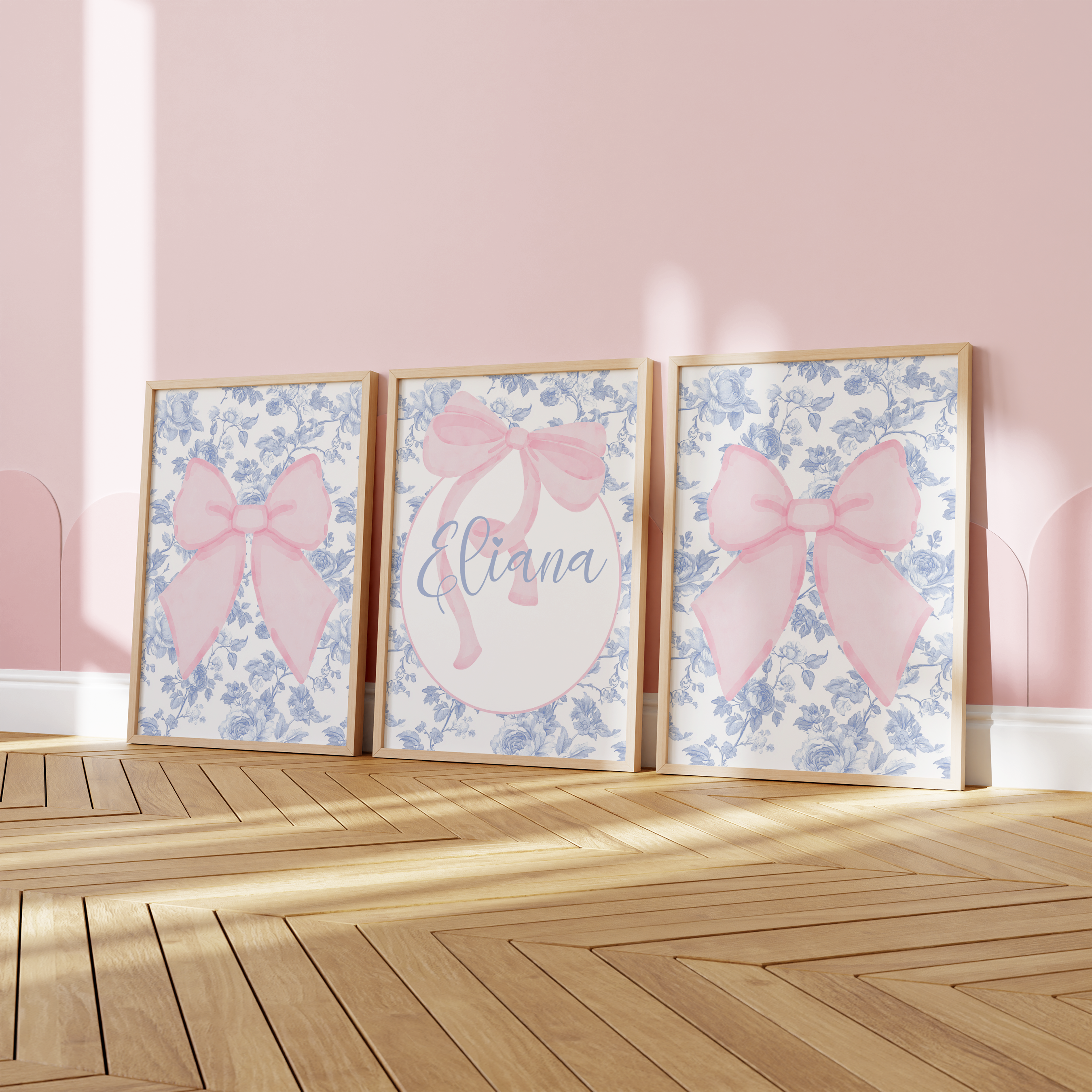 Fancy Bow Blue Toile Personalized Nursery Art