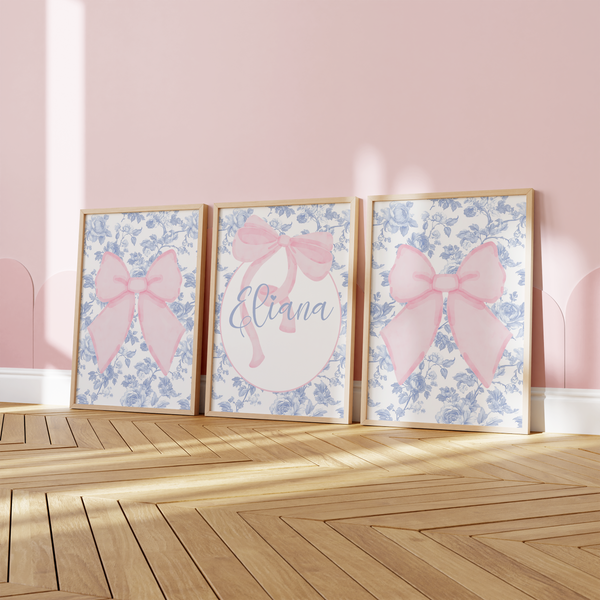 Fancy Bow Blue Toile Personalized Nursery Art