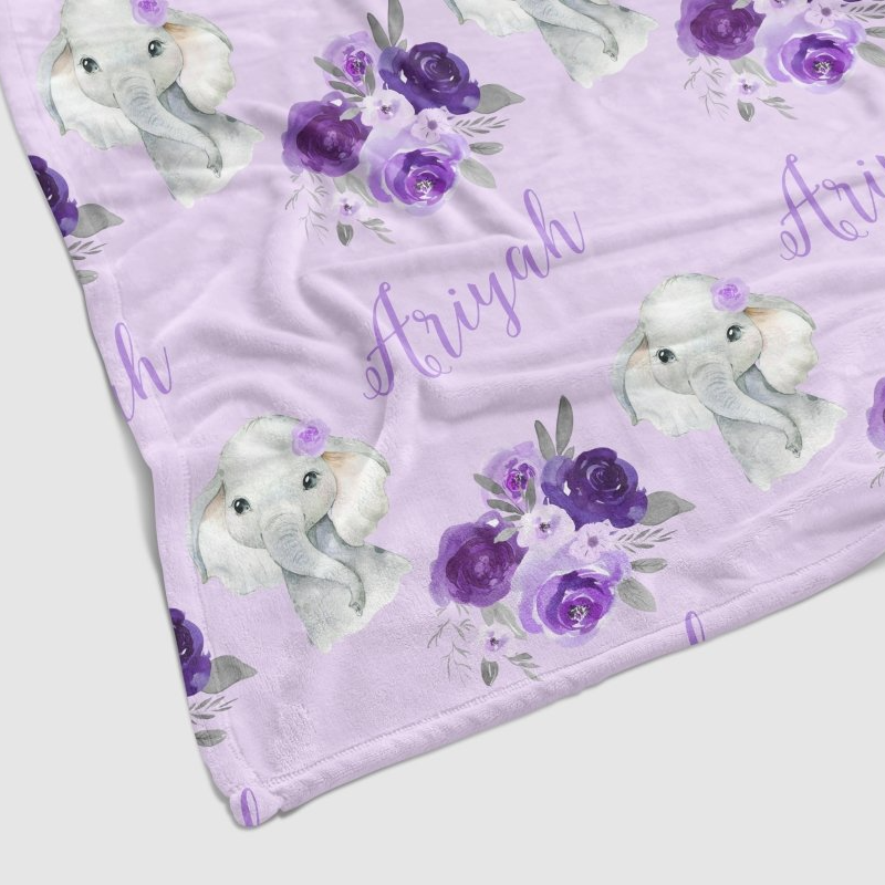 Purple Floral Elephant Personalized Baby Blanket - gender_girl, Personalized_Yes, Purple Floral Elephant