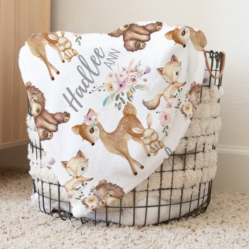 Floral Woodlands Personalized Baby Blanket - gender_girl, Personalized_Yes, text