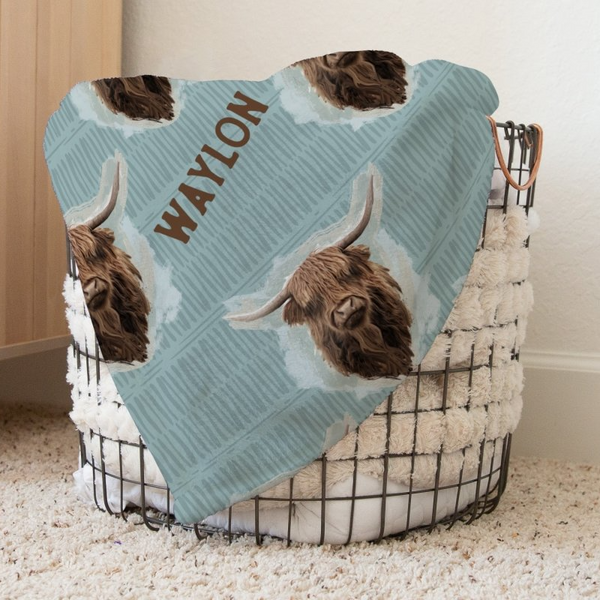 Highland Cow Boy Baby Blanket - gender_boy, Highland Cow Boy, Personalized_Yes
