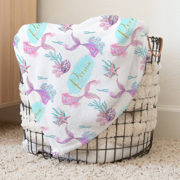 Mermaid Seashells Personalized Baby Blanket - gender_girl, Mermaid Seashells, Personalized_Yes