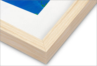 a wooden frame with a blue and white painting on it
