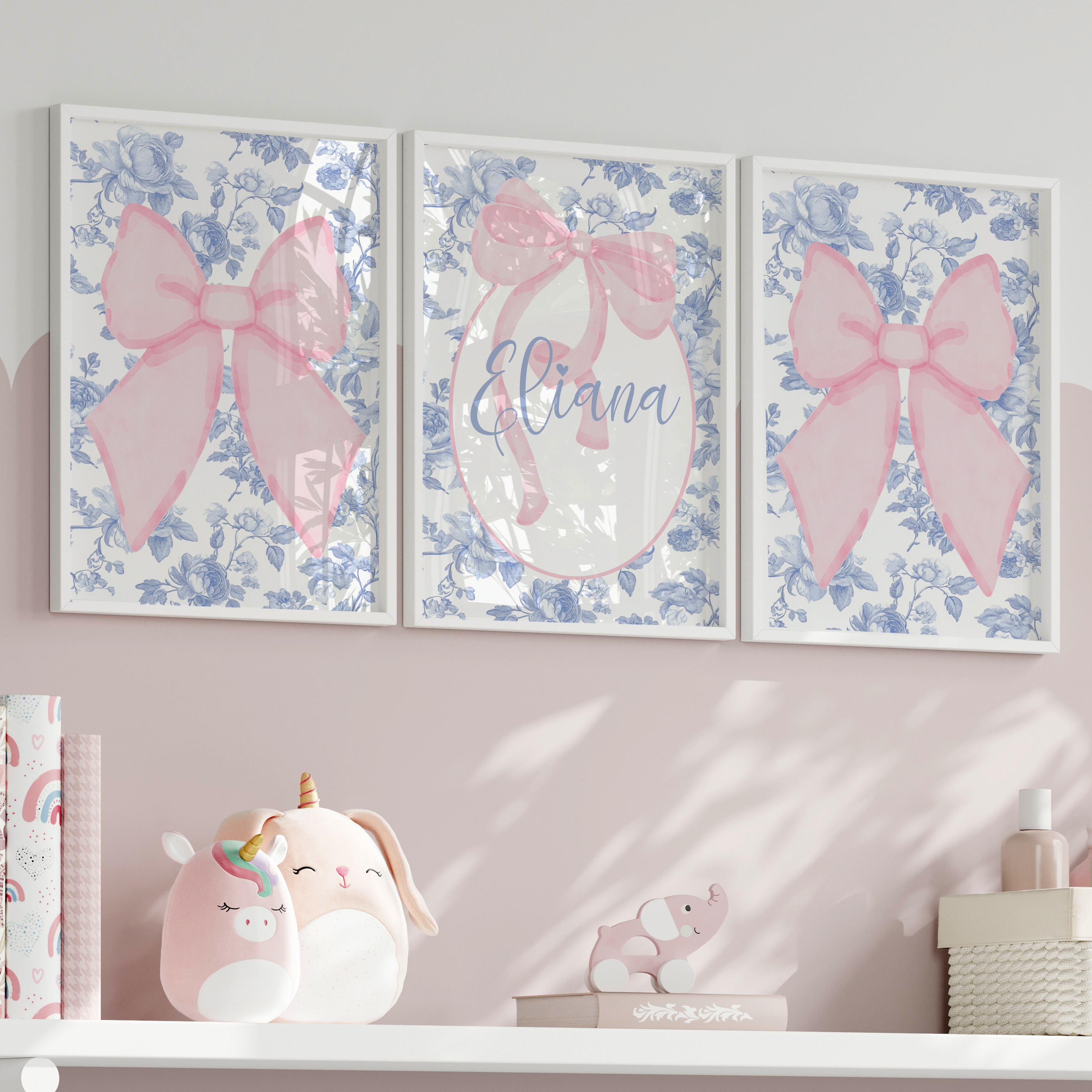 Fancy Bow Blue Toile Personalized Nursery Art